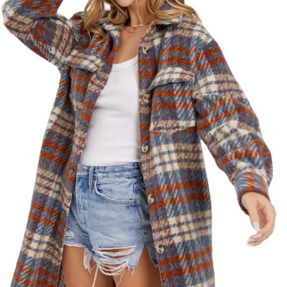 Blue/Rust Long Plaid Shacket Jacket NWT - (#0192) - Picture 3 of 5